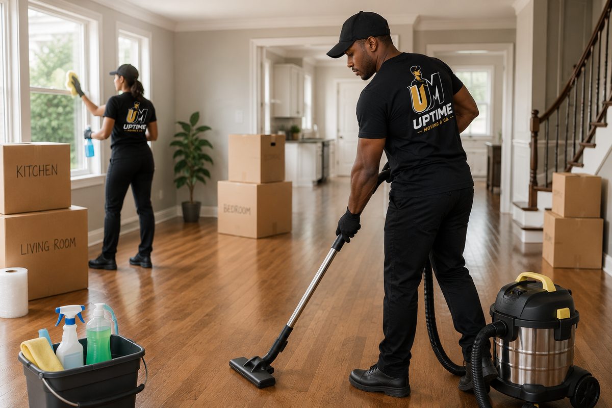 Uptime team cleaning floors and windows after a move